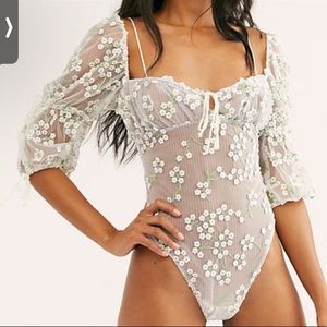 For Love And Lemons Sheer embroidered flower bodysuit